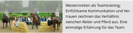 Westernreiten als Teamtraining;  Einfühlsame Kommunkation und Ver- trauen zeichnen das Verhältnis  zwischen Reiter und Pferd aus. Eine  einmalige Erfahrung für das Team.