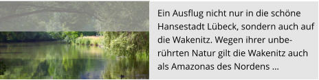 Ein Ausflug nicht nur in die schöne  Hansestadt Lübeck, sondern auch auf die Wakenitz. Wegen ihrer unbe- rührten Natur gilt die Wakenitz auch  als Amazonas des Nordens …