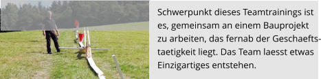 Schwerpunkt dieses Teamtrainings ist  es, gemeinsam an einem Bauprojekt  zu arbeiten, das fernab der Geschaefts- taetigkeit liegt. Das Team laesst etwas  Einzigartiges entstehen.